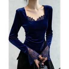 批发<b class='q'>衬衣</b>女2025秋高级感轻奢减龄洋气独特漂亮法式<b class='q'>气质</b>藏蓝色丝绒上衣