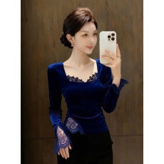 批发<b class='q'>衬衣</b>女2025秋高级感轻奢减龄洋气独特漂亮法式<b class='q'>气质</b>藏蓝色丝绒上衣