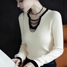 批发时尚优雅绝美白色长袖毛衣针织<b class='q'>打底衫</b><b class='q'>女</b>秋冬款高级感洋气打底小衫