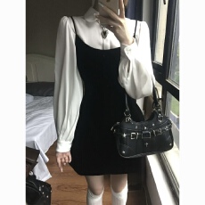 批发复古丝绒法式气质收腰吊带连衣裙内搭长袖<b class='q'>衬衫</b>女2025秋季新款套装