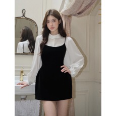 批发复古丝绒法式气质收腰吊带连衣裙内搭长袖<b class='q'>衬衫</b>女2025秋季新款套装