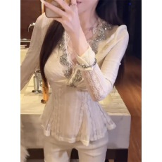 批发2025秋冬新款上衣韩版千金重工烫钻扭结v领收腰长袖镂空蕾丝衫女