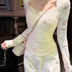 批发2025年春秋季新款百搭气质温柔风蕾丝打底衫上衣女小个子甜美拼接