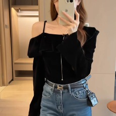 批发2025秋季新款法式气质上衣小众设计感不规则荷叶边吊带丝绒衬衫女