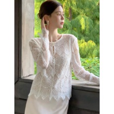 批发重工<b class='q'>喇叭袖</b>打底蕾丝衫女春秋新款高级感休闲宽松显瘦百搭小衫上衣