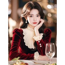 批发法式丝绒红色<b class='q'>长袖</b><b class='q'>衬衫</b>女2025年秋冬新款高级感荷叶边拼接气质上衣