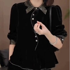 批发金丝绒<b class='q'>长袖</b><b class='q'>衬衫</b>女春秋冬季高端气质法式洋气减龄绝美别致打底上衣