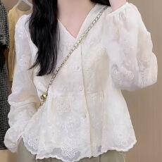 批发日系小清新甜美V领上衣女小衫2023春季仙仙上衣超仙宽松显瘦上衣