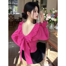 批发短款露背蝴蝶结上衣女2025法式荷叶边高腰小个子<b class='q'>衬衫</b>