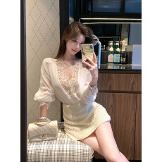 批发【高智韩女】高级设计感蕾丝衬衫女夏季新品百搭纯色V领性感上衣