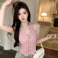 批发高级感百搭小香风挂脖v领马甲小背心女夏季外穿短款气质吊带上衣