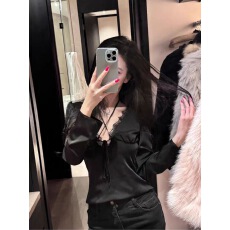 批发法式黑色缎面蕾丝绑带v领短款上衣女纯欲辣妹性感长袖内搭打底衫