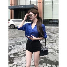 批发老钱慵懒感克莱因蓝v领长袖衬衫女秋季新款御姐气质百搭显白上衣