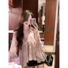 批发法式印花V领荷叶边雪纺衫女夏季新款纯欲气质宽松显瘦喇叭袖上衣