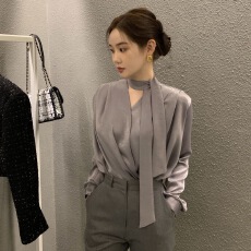 批发2025秋季高端系带醋酸缎面衬衫女系带飘带领带法式高级感v领上衣