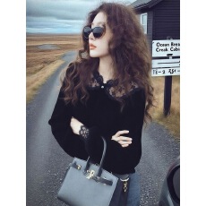 批发冬季新中式国风独特别致上衣设计感超好看蕾丝拼接黑色丝绒衬衫女