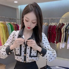 批发2025秋季欧货爆款白色波点长袖高级感超仙减龄洋气休闲上衣衬衫女