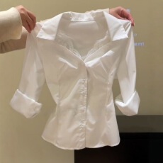 批发2026年白色蕾丝拼接V领长袖衬衫女春季新款收腰显瘦气质翻领上衣