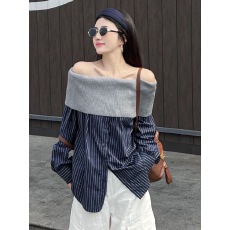 批发2025早秋新款独特别致超好看上衣慵懒松弛感极简设计藏蓝色衬衫女