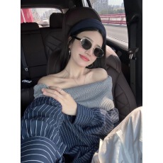 批发小众设计感蓝色条纹一字肩上衣2025秋季法式独特精致气质女士衬衣