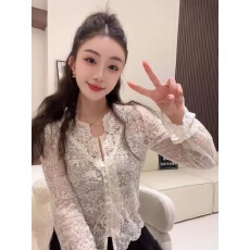 批发法式刺绣蕾丝单排扣V领衬衣开衫女秋季款设计感独特绝美内搭上衣