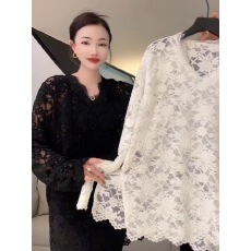 批发欧货2024年秋冬洋气性感镂空蕾丝衫T恤宽松<b class='q'>百搭</b>打底衫内搭上衣女