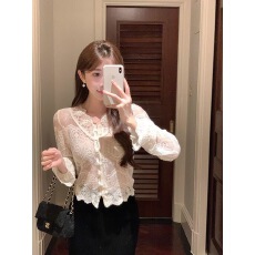 批发<b class='q'>白色</b>V领镂空长袖蕾丝衫女秋冬气质修身显瘦高级感打底衫
