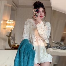 批发2024秋季时尚气质植绒蕾丝刺绣V领花边开叉百搭上衣蕾丝衫