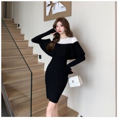 批发黑白撞色荷叶边针织连衣裙女2023秋冬新款高级感收腰显瘦包臀<b class='q'>裙子</b>