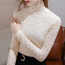 批发蕾丝加绒打底衫女<b class='q'>长袖</b>2023秋冬新款显瘦百搭内搭洋气高领打底上衣