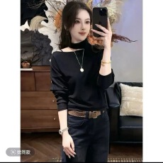 韩系时尚减龄挂脖露肩长袖T恤女秋冬新款纯欲风修身显瘦打底上衣