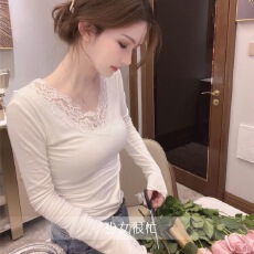 批发法式气质长袖t恤女内搭纯欲v领蕾丝短款低领<b class='q'>上衣</b>温柔风针织打底衫