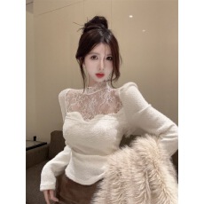 批发高端蕾丝打底衫法式高领针织衫<b class='q'>女</b>秋冬洋气内搭纯欲风仿水貂毛上衣