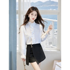 批发2023早秋女装法式立领木耳边雪纺衬衫设计感高级小众衬衣白色上衣