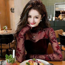 批发半高领植绒印花蕾丝拼接打底衫女磨毛2025春季新款内搭女装上衣