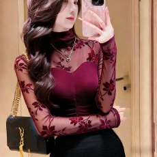 批发半高领植绒印花蕾丝拼接打底衫女磨毛2025春季新款内搭女装上衣