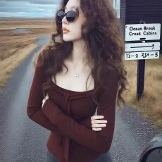 批发秋冬磨毛加绒绑带方领长袖正肩打底秋季设计辣妹修身显瘦上衣T恤