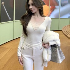 批发莫代尔磨毛纯欲<b class='q'>网纱</b>拼接v领长袖打底衫t恤女秋冬季修身显瘦<b class='q'>上衣</b>新