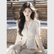 批发2024冬季新款<b class='q'>白色</b>蕾丝打底衬衫女轻熟法式小众修身小香风内搭上衣