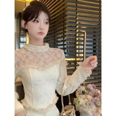 批发2025秋冬时尚钉钻堆堆领内搭精致<b class='q'>镂空</b>蕾丝打底加绒拼接小衫上衣女