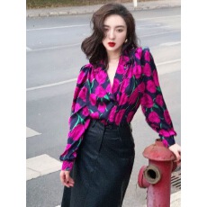 批发<b class='q'>大码</b>胖mm法式复古秋季V领印花<b class='q'>长袖</b>上衣气质成熟宽松港式女装衬衫