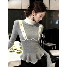 批发灰色拼接针织上衣秋内搭小众设计感高端减龄<b class='q'>气质</b>小香风荷叶边毛衣