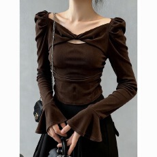 批发高端小资小上衣2025轻奢高级感法式气质<b class='q'>职业</b>蝴蝶结镂空咖色打底衫