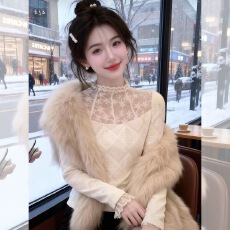 批发半高领镂空打底蕾丝衫<b class='q'>女</b>秋冬新款高级感收腰修身显瘦内搭长袖上衣