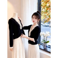 批发法式木耳边钉珠V领丝绒女秋季高级感蕾丝花边拼接<b class='q'>长袖</b>打底上衣