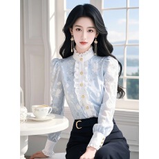 批发蓝色碎花木耳边雪纺衬衫女款春装2025<b class='q'>新款</b>轻奢高级感洋气减龄上衣