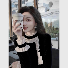 批发法式复古丝绒<b class='q'>衬衫女</b><b class='q'>长袖</b>珍珠木耳边立领气质通勤上衣撞色小衫秋冬