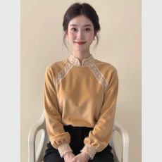 批发时尚温柔风黄色蕾丝拼接<b class='q'>长袖</b>丝绒<b class='q'>衬衫女</b>冬季新款独特漂亮显瘦上衣