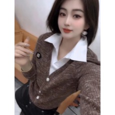 批发2025秋冬新款白色POLO领拼接针织修身显瘦开衬假两件欧货<b class='q'>打底衬衫</b>