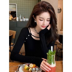 批发秋冬甜辣妹黑色长袖<b class='q'>t</b><b class='q'>恤</b>上衣设计感小众chic修身绝美打底衫女内搭